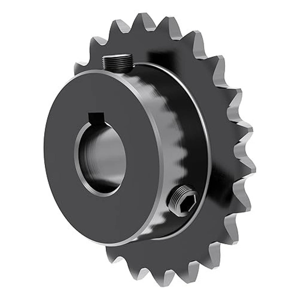 Hardened roller chain sprocket with teeth, threaded hub, and keyway cutout