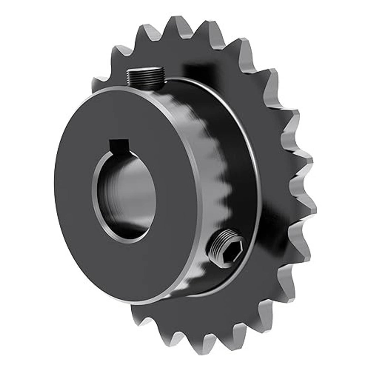 Hardened roller chain sprocket with teeth, threaded hub, and keyway cutout