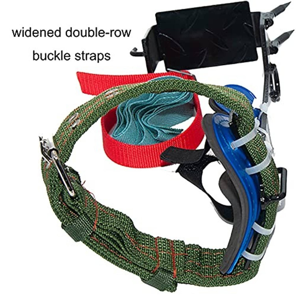 Tree climbing spikes with wide double-row buckle straps and green webbing belt