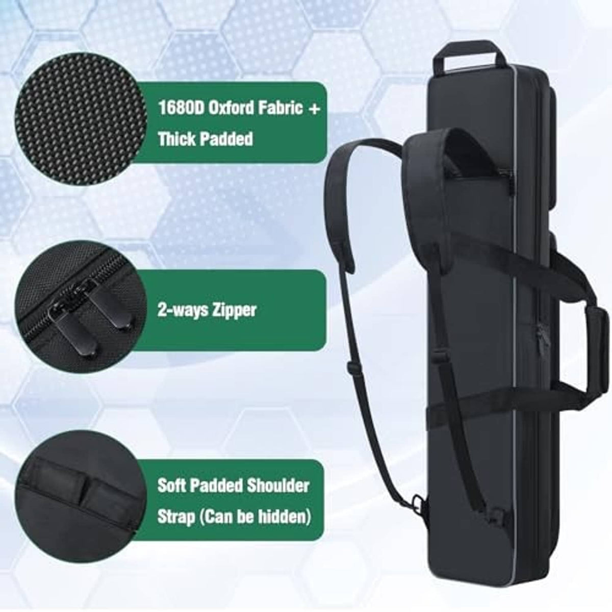Black pool cue case with thick padding, Oxford fabric, and dual-way zipper detail