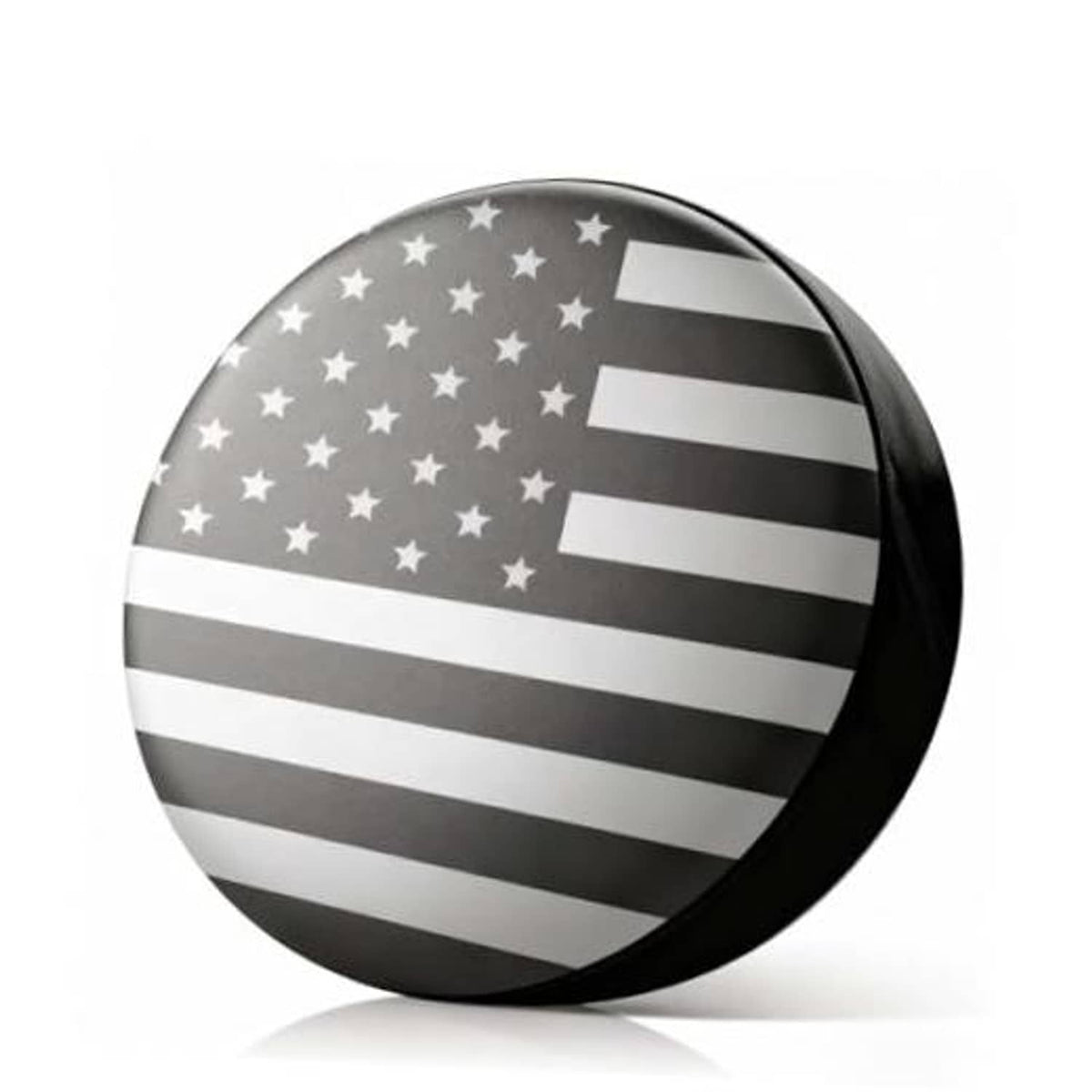 Round spare tire cover with American flag stripes and stars pattern, gray and black.