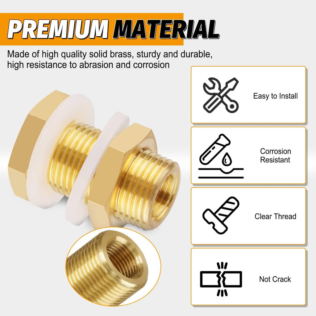 Solid brass bulkhead fitting pair with white washers and threaded female ends