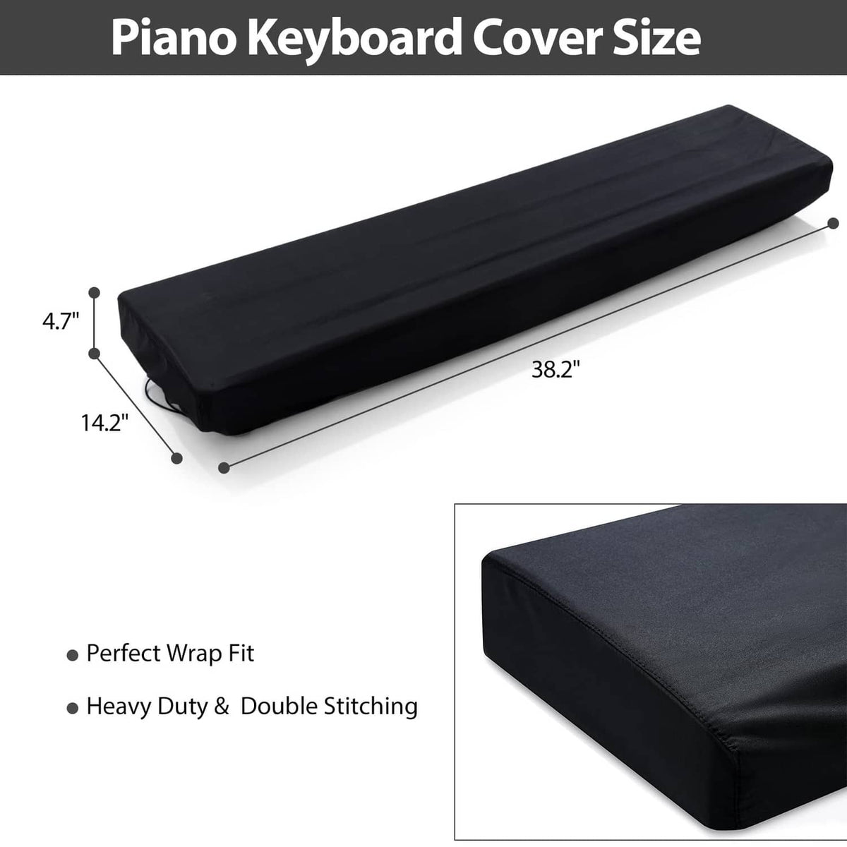 Black rectangular piano keyboard cover with size guide markings and thick stitched edges