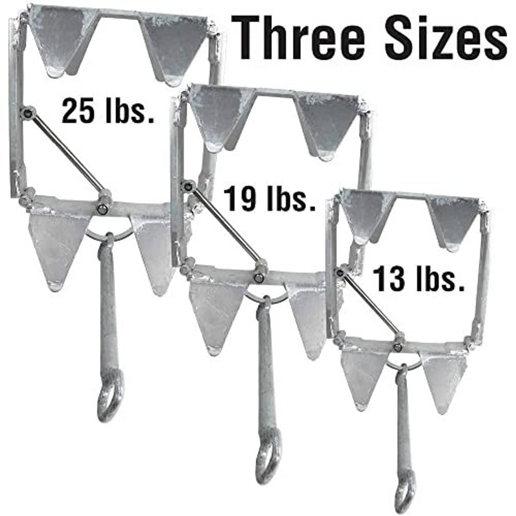 Three sizes of galvanized fold-and-hold anchors with different weight markings and ring hooks