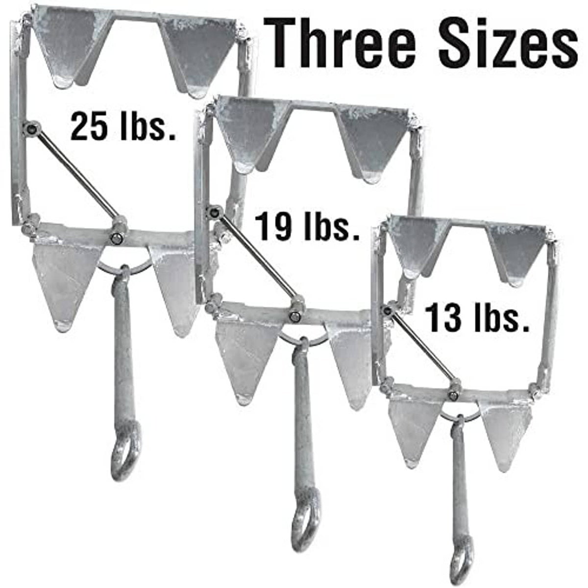 Three sizes of galvanized fold-and-hold anchors with different weight markings and ring hooks