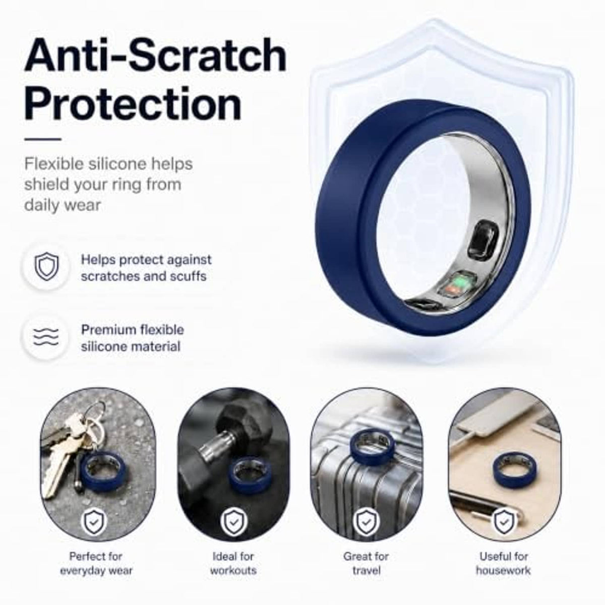 Silicone ring cover protector in navy blue with a clear sensor window