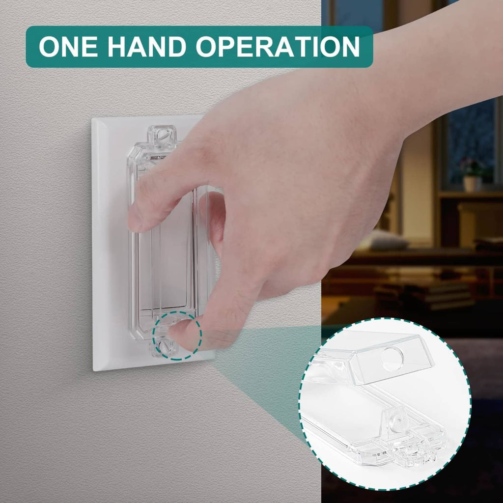 Hand installs a clear childproof light switch guard on a standard rocker wall switch.