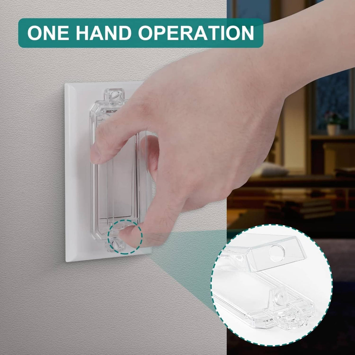 Hand installs a clear childproof light switch guard on a standard rocker wall switch.