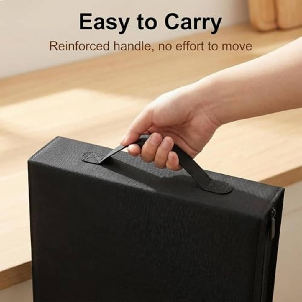 Black CD/DVD storage case with reinforced carry handle in use