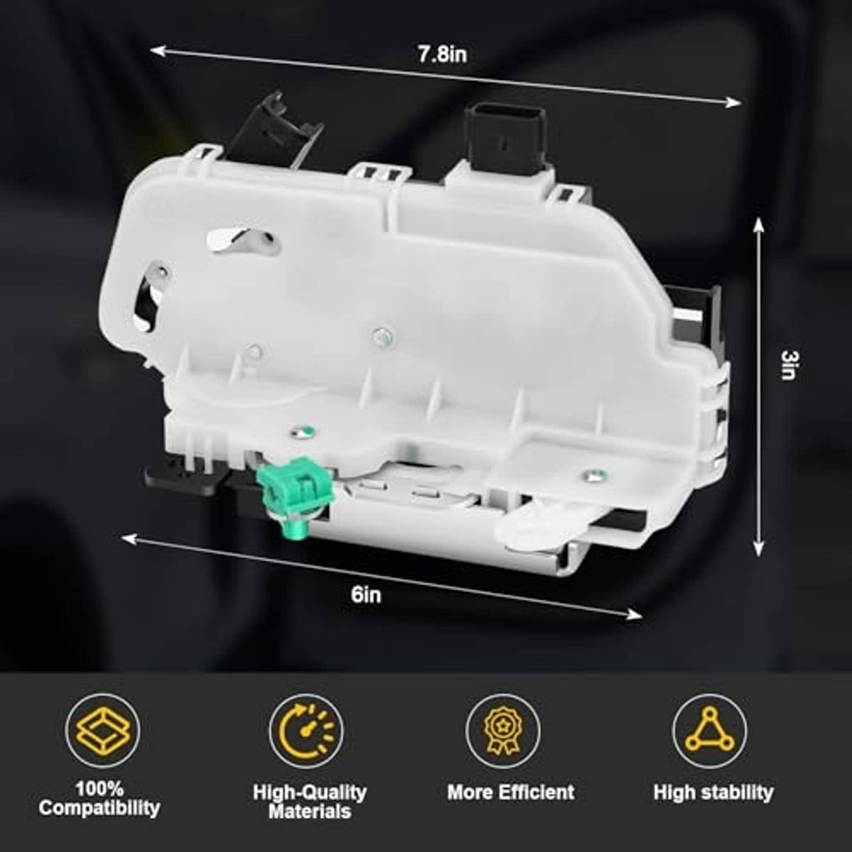 Door lock latch actuator dimensions view, white housing with green electrical connector