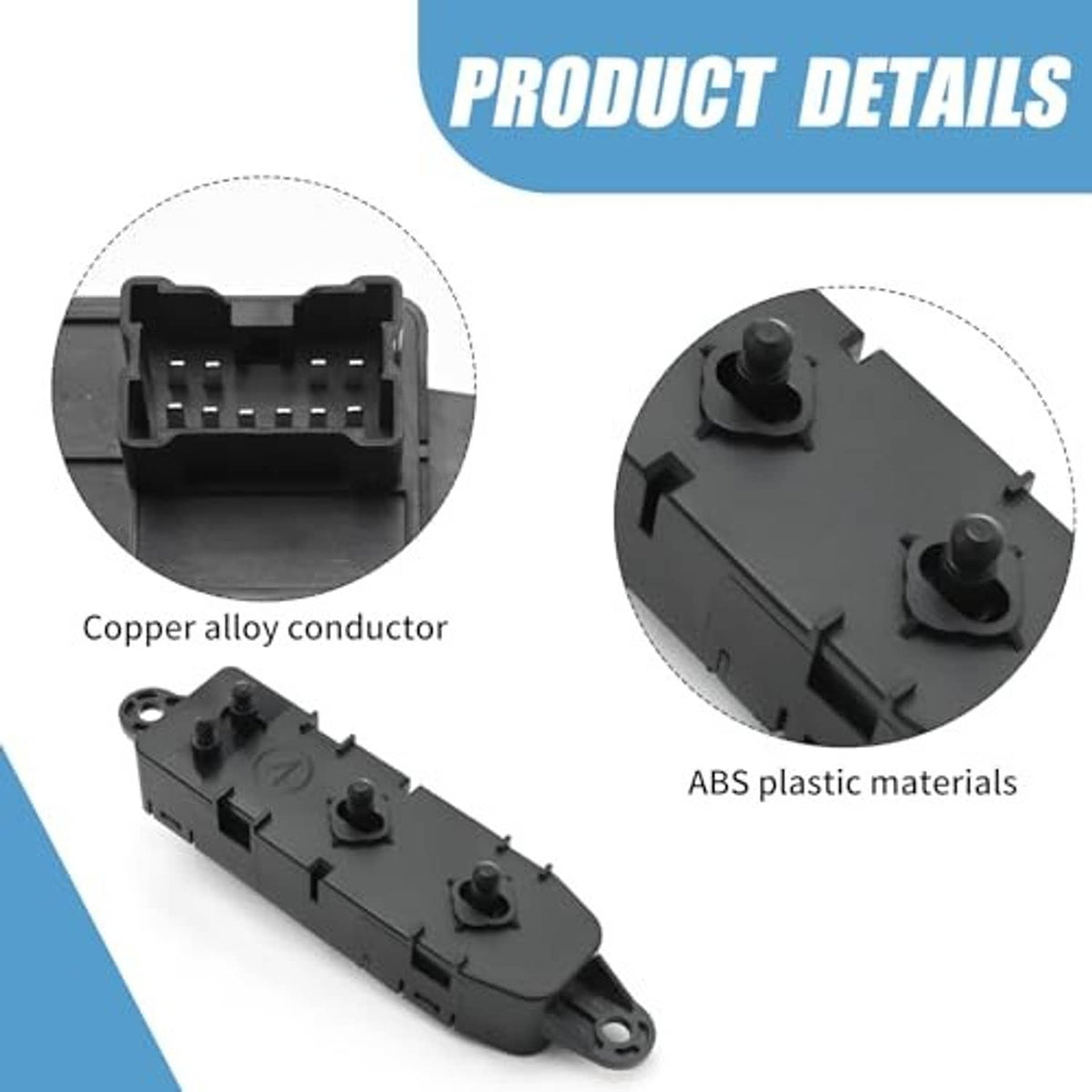 Power seat switch module with ABS plastic housing and visible electrical terminals