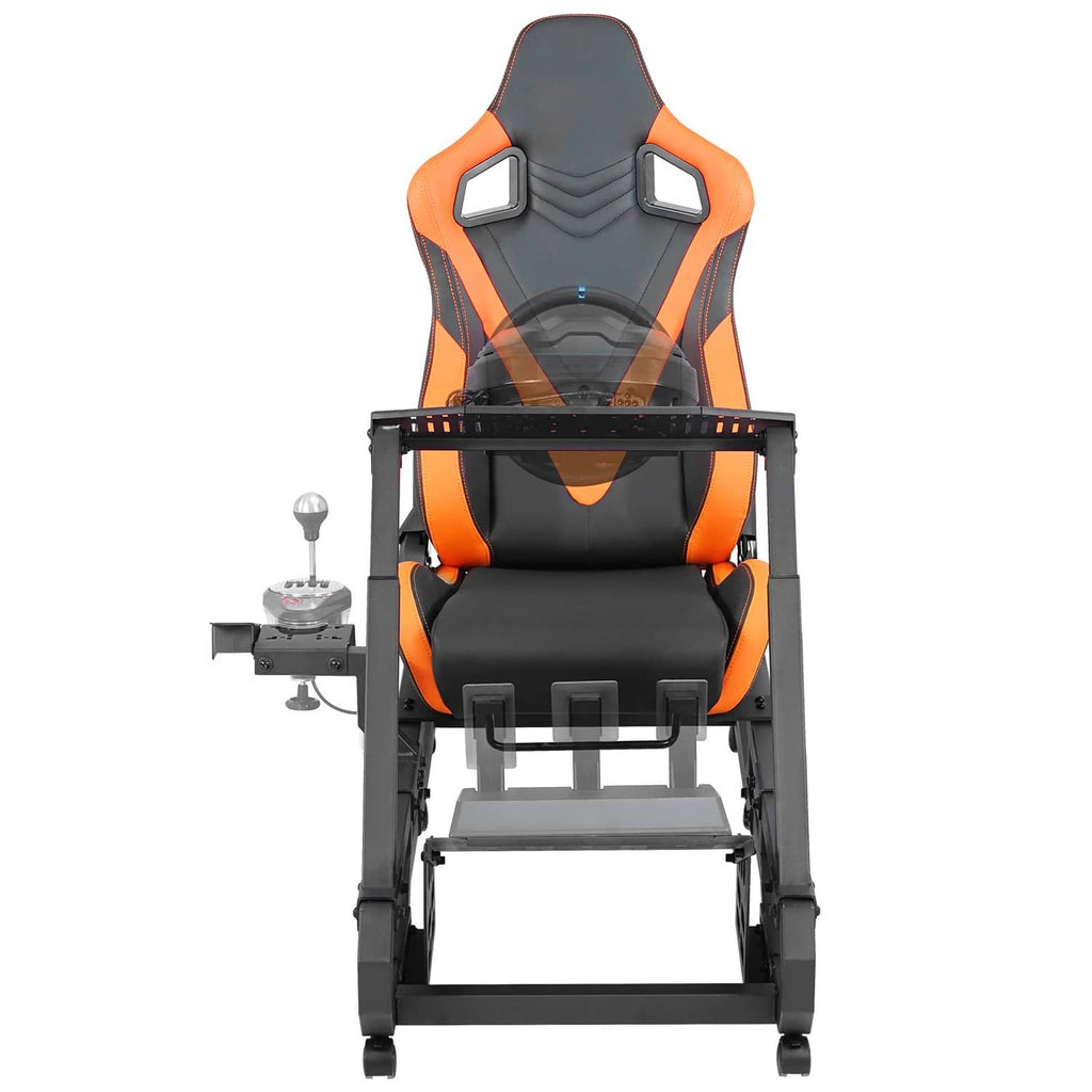 Racing simulator cockpit seat on black base with mounting bracket and shifter position