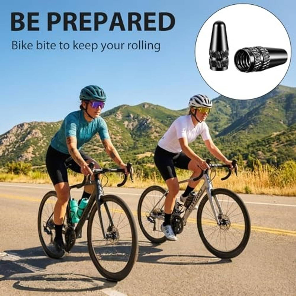Black Presta valve stem caps with knurled texture, inset with cyclists