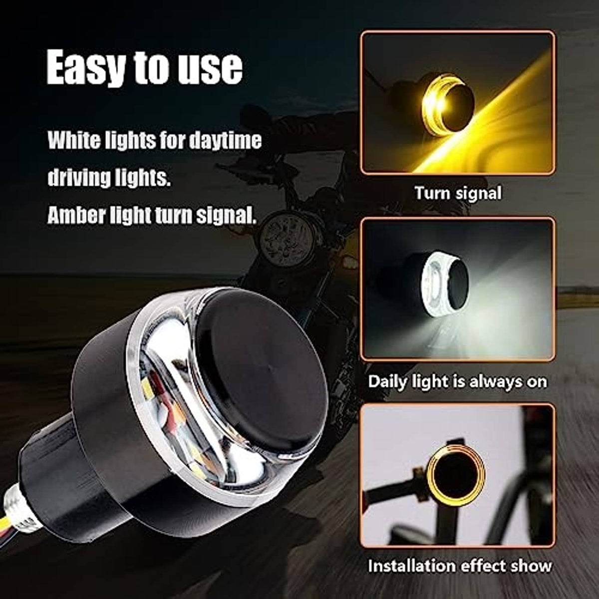Motorcycle handlebar end LED lights showing amber turn-signal glow and white daytime light