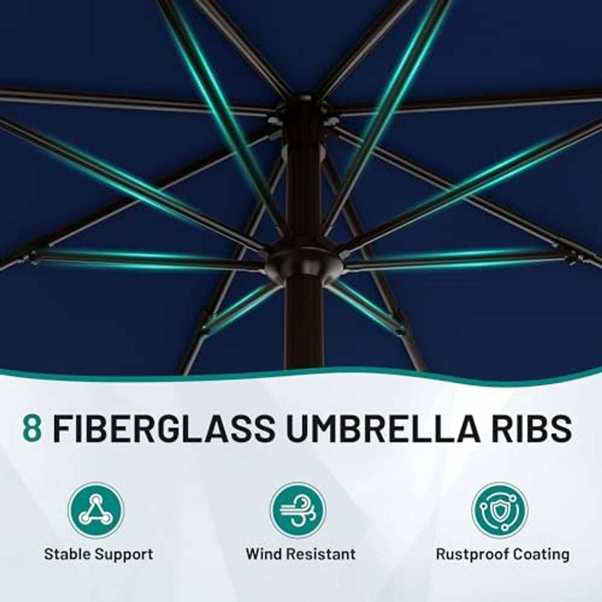 Navy patio umbrella underside with radial rib frame and center hub