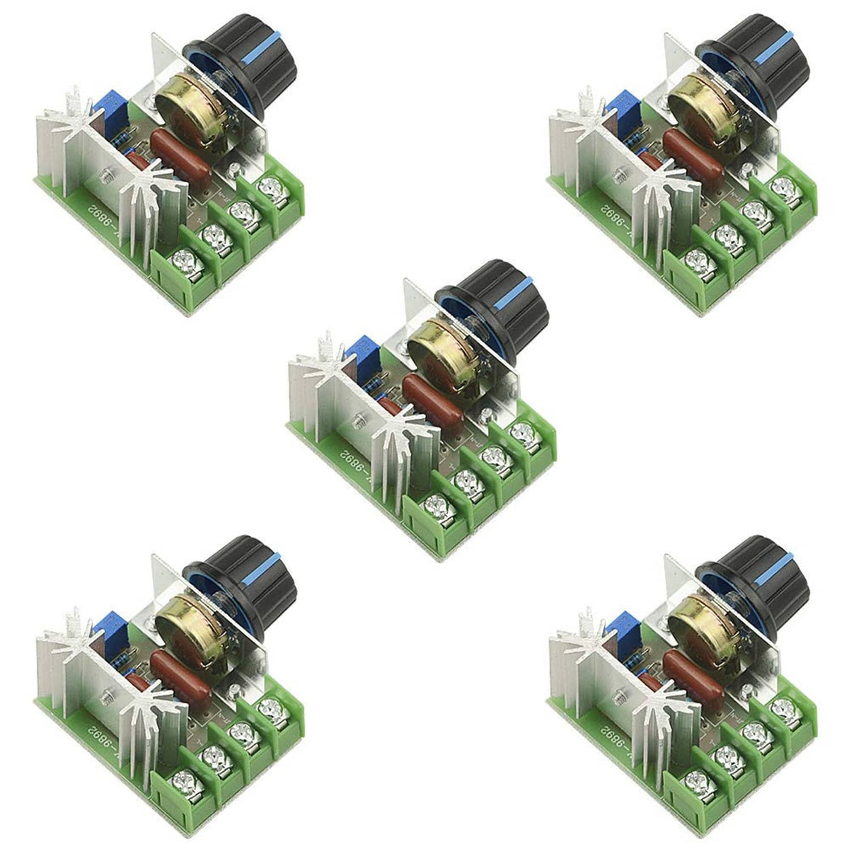SCR voltage regulator module set, green PCB board, black adjustment knob, screw terminals