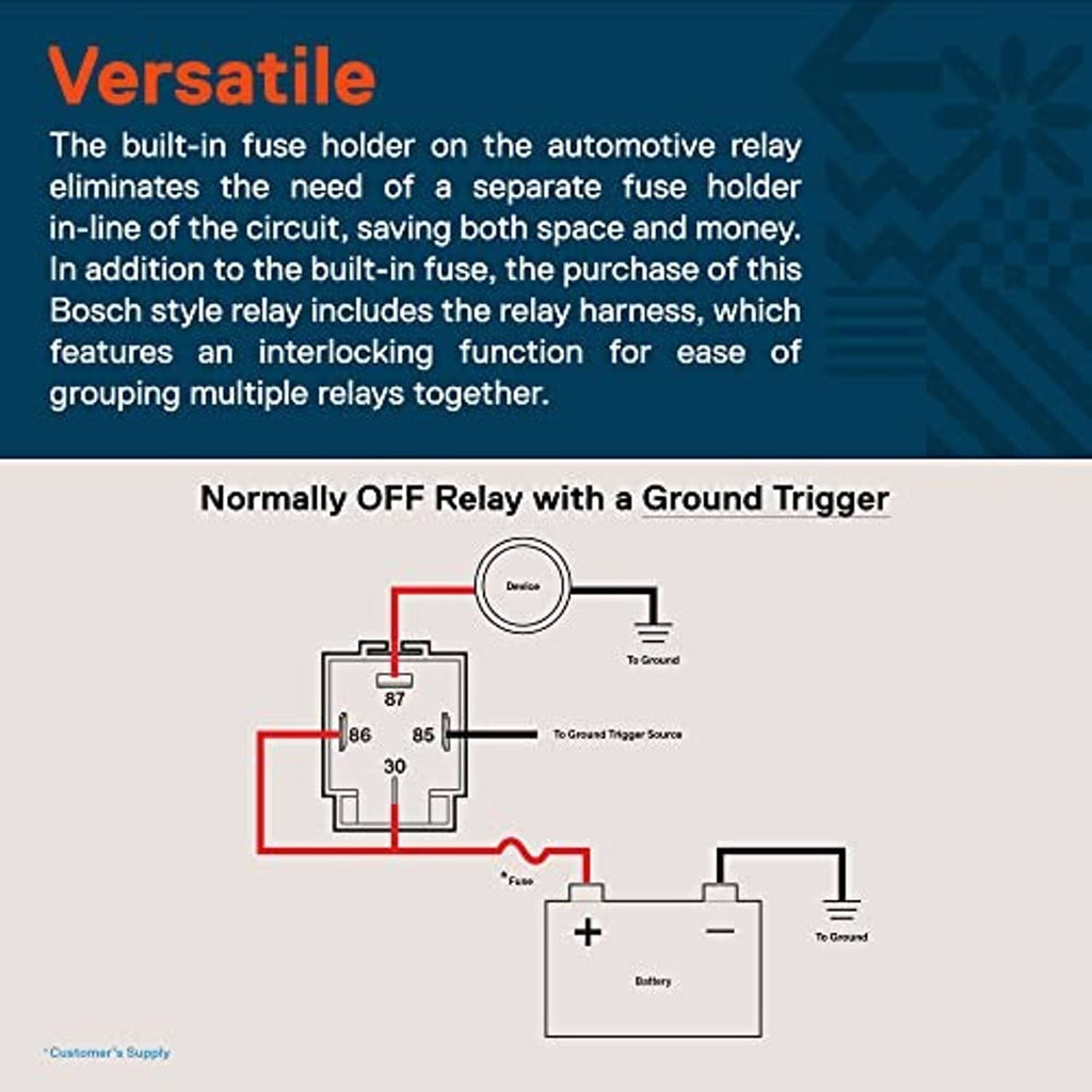 Normally-off relay circuit wiring diagram with ground trigger terminals and battery leads