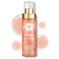 SPF 45 shimmering body glow oil bottle with gold pump and rose-gold liquid shimmer.