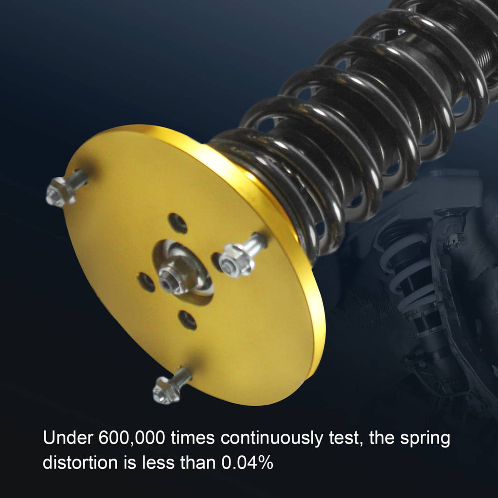 Close-up of gold upper coilover mount with black spring and shock body