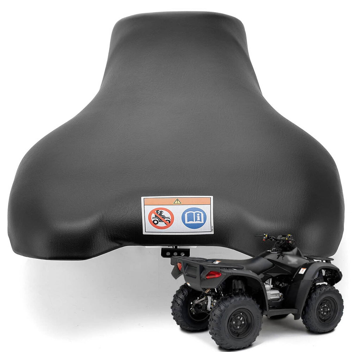 ATV seat cushion with black cover and front warning sticker, rounded back shape