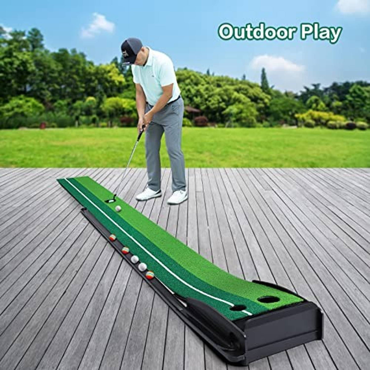 Outdoor golf putting mat with green turf and black base on wooden deck flooring