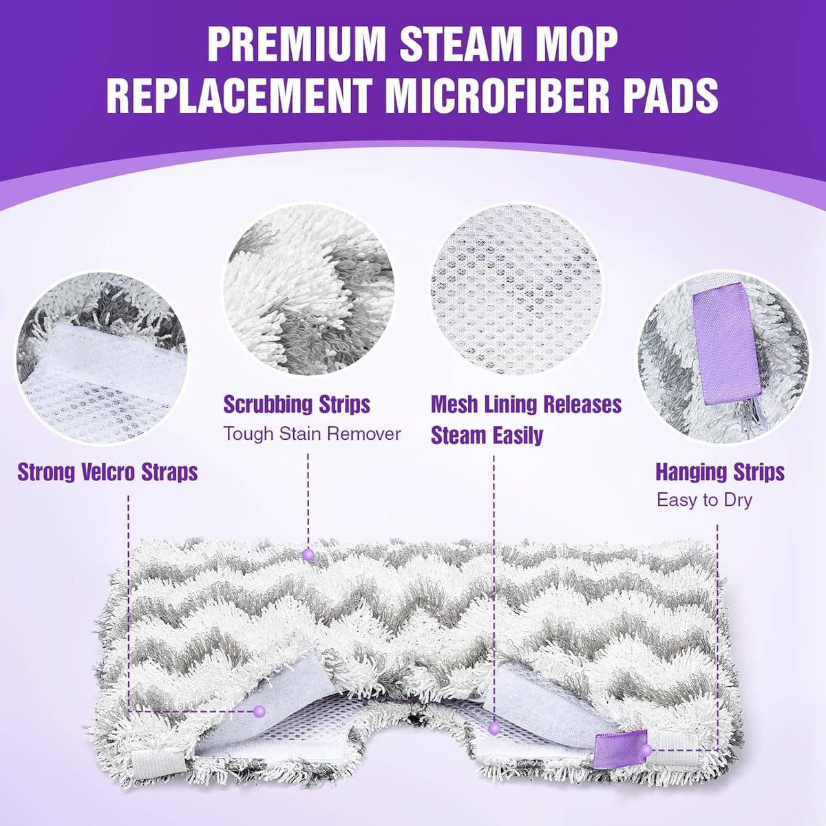 Replacement steam mop pads: zigzag microfiber cloth with purple straps and edges