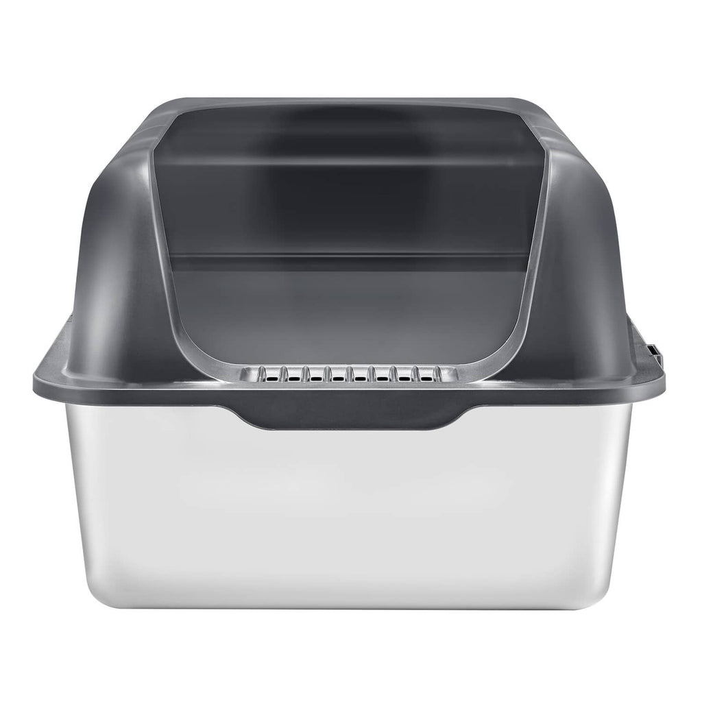 Front view of covered cat litter box with dark hood and light gray lower base