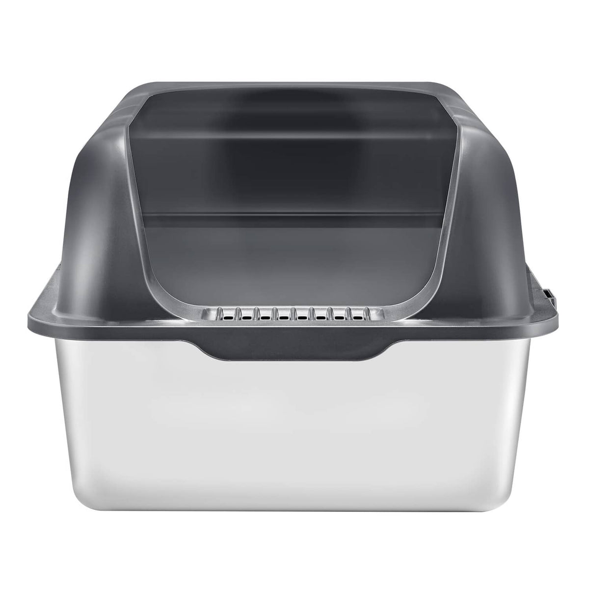 Front view of covered cat litter box with dark hood and light gray lower base