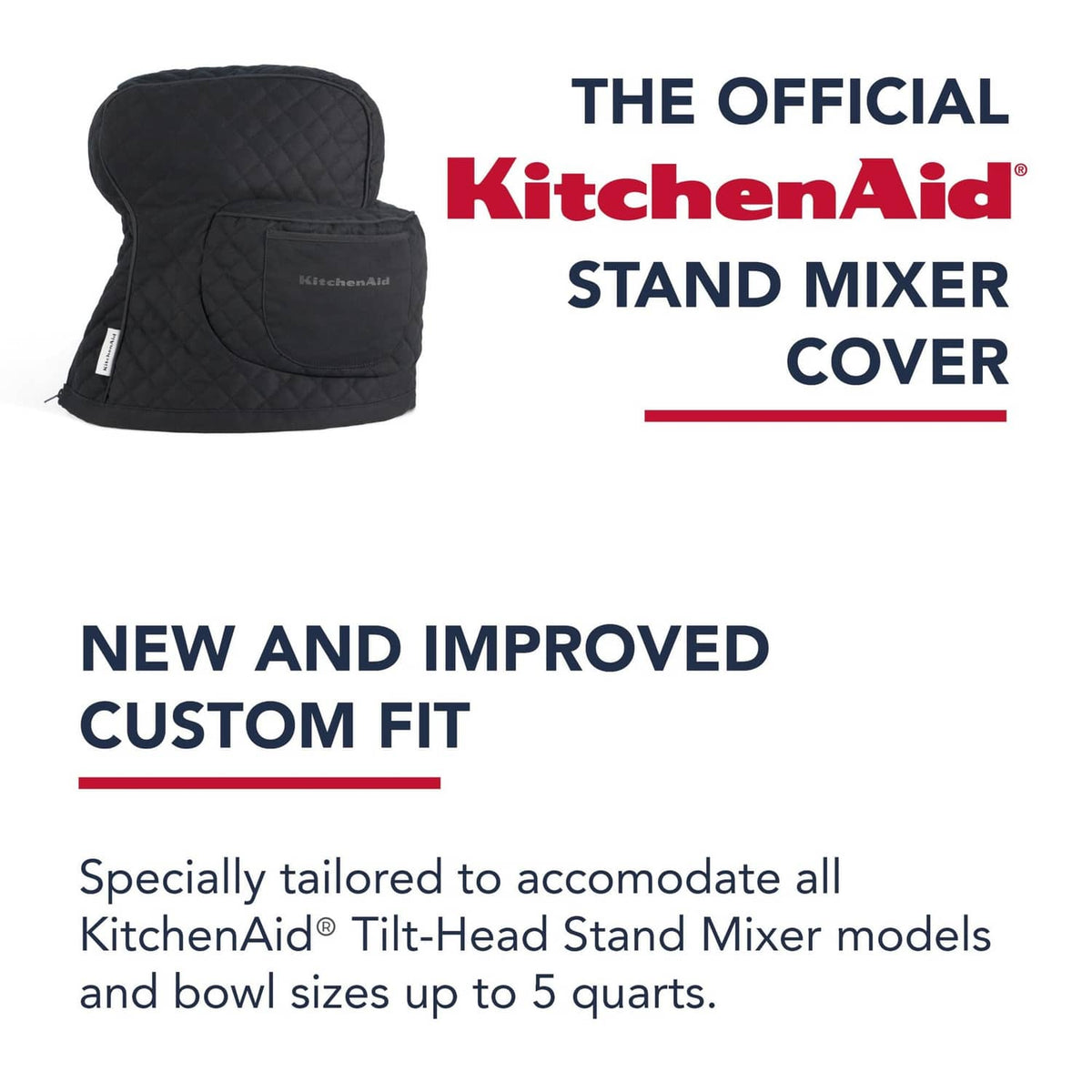 KitchenAid stand mixer cover in matte black quilted fabric, custom-fit design