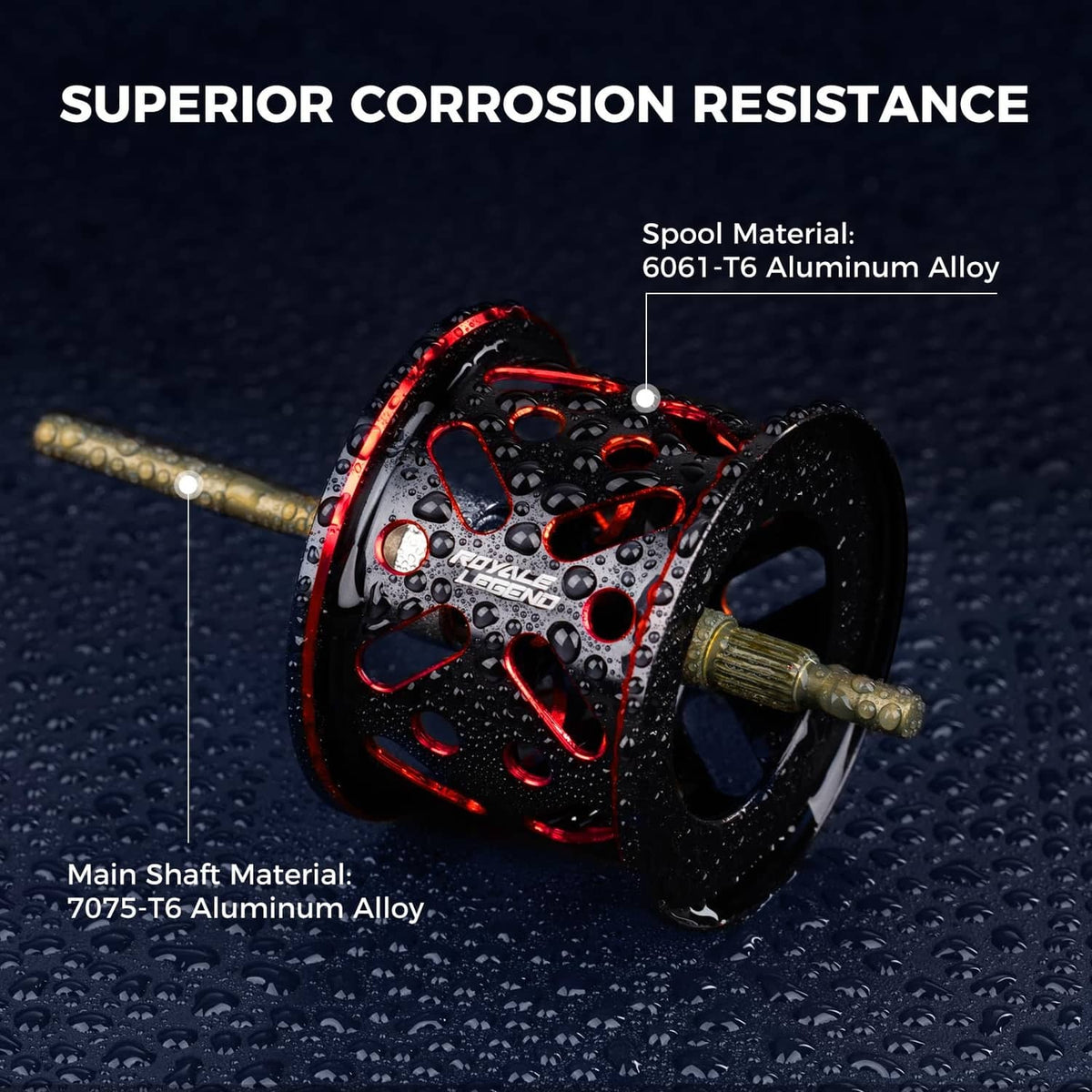 Black baitcasting reel with red aluminum spool and brass-colored line guide arms.