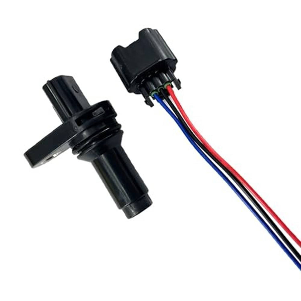 Black crankshaft position sensor with connector and blue/red/green wire harness pigtail