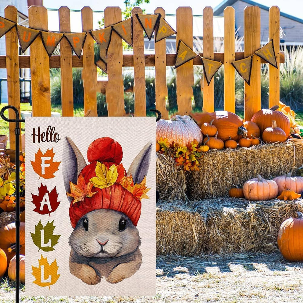Hello Fall rabbit garden flag with 'Hello' letters, red cap rabbit, and autumn leaves