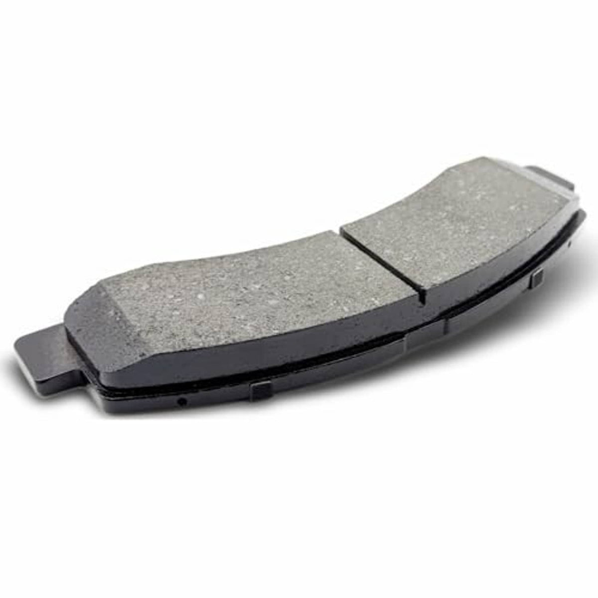 Ceramic brake pad with gray friction material and black backing, angled side view