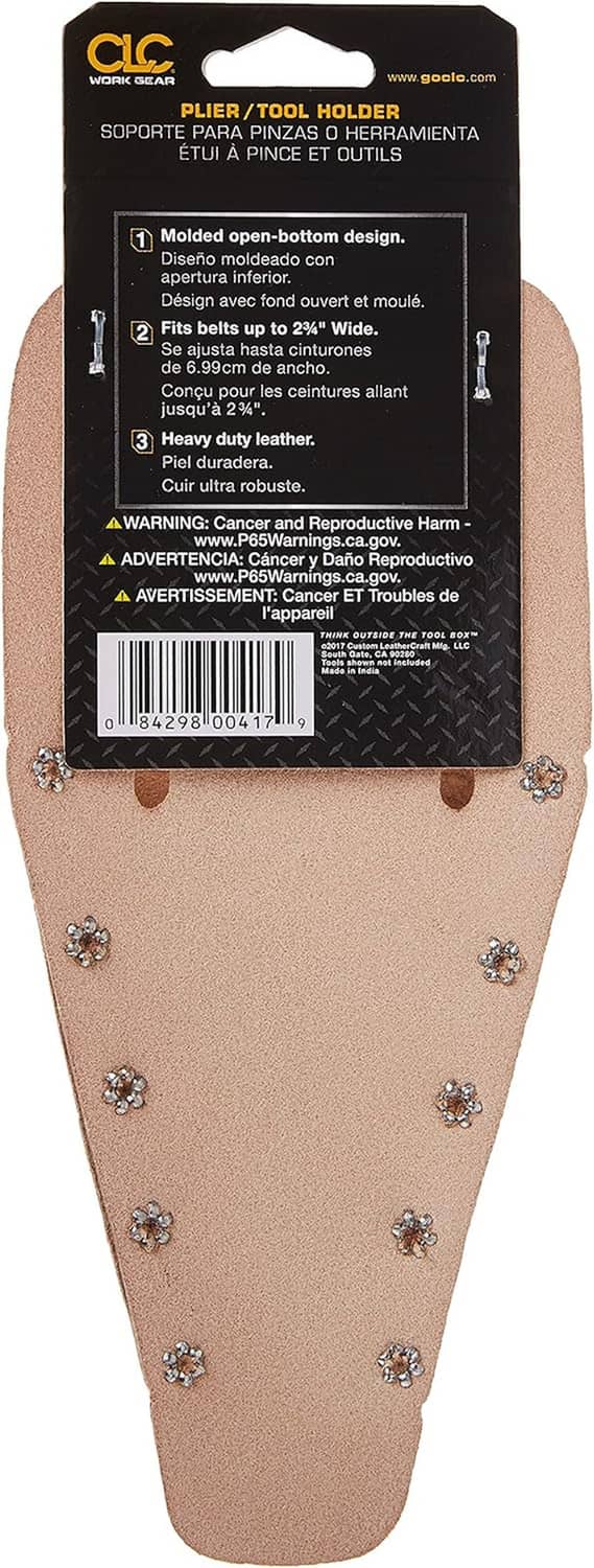 Tan leather pliers tool holder back with barcode label and rivets with metal studs
