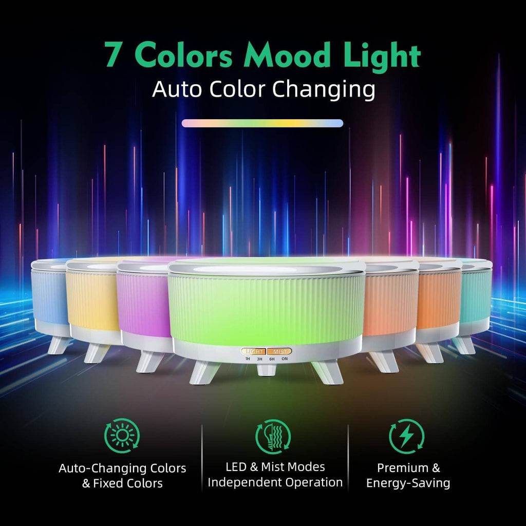Essential oil diffuser with multi-color mood LED lights, shown in several color options.