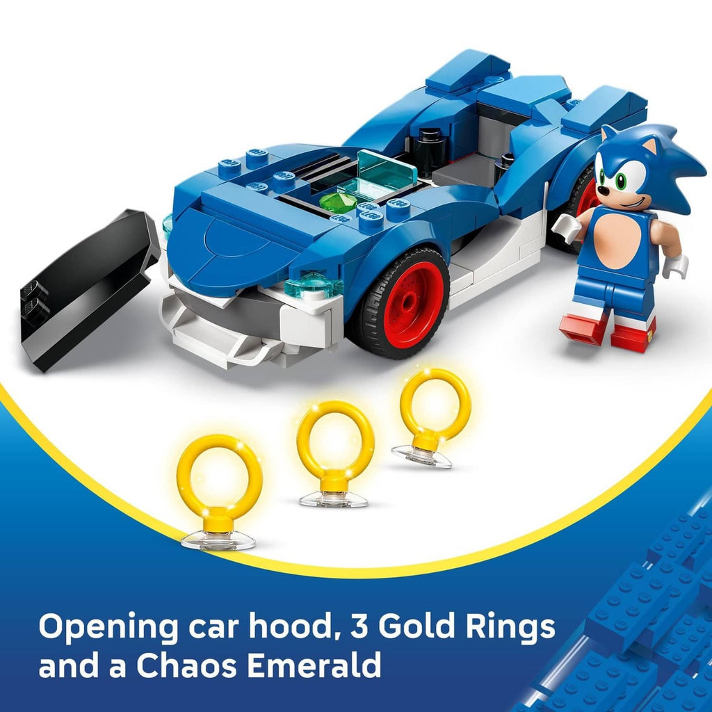 Blue LEGO race car toy with Sonic minifigure, open hood, and three yellow rings