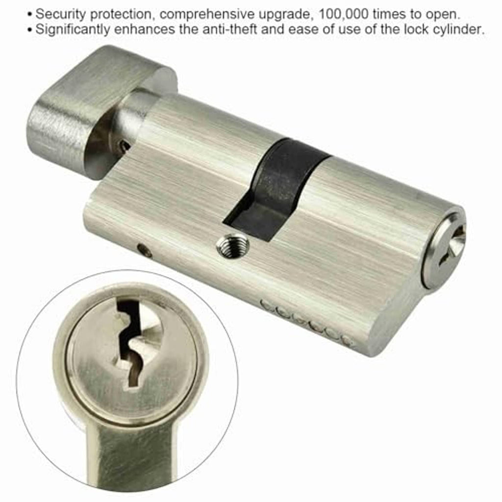 Brushed metal cylinder lock with visible keyway and inset key detail