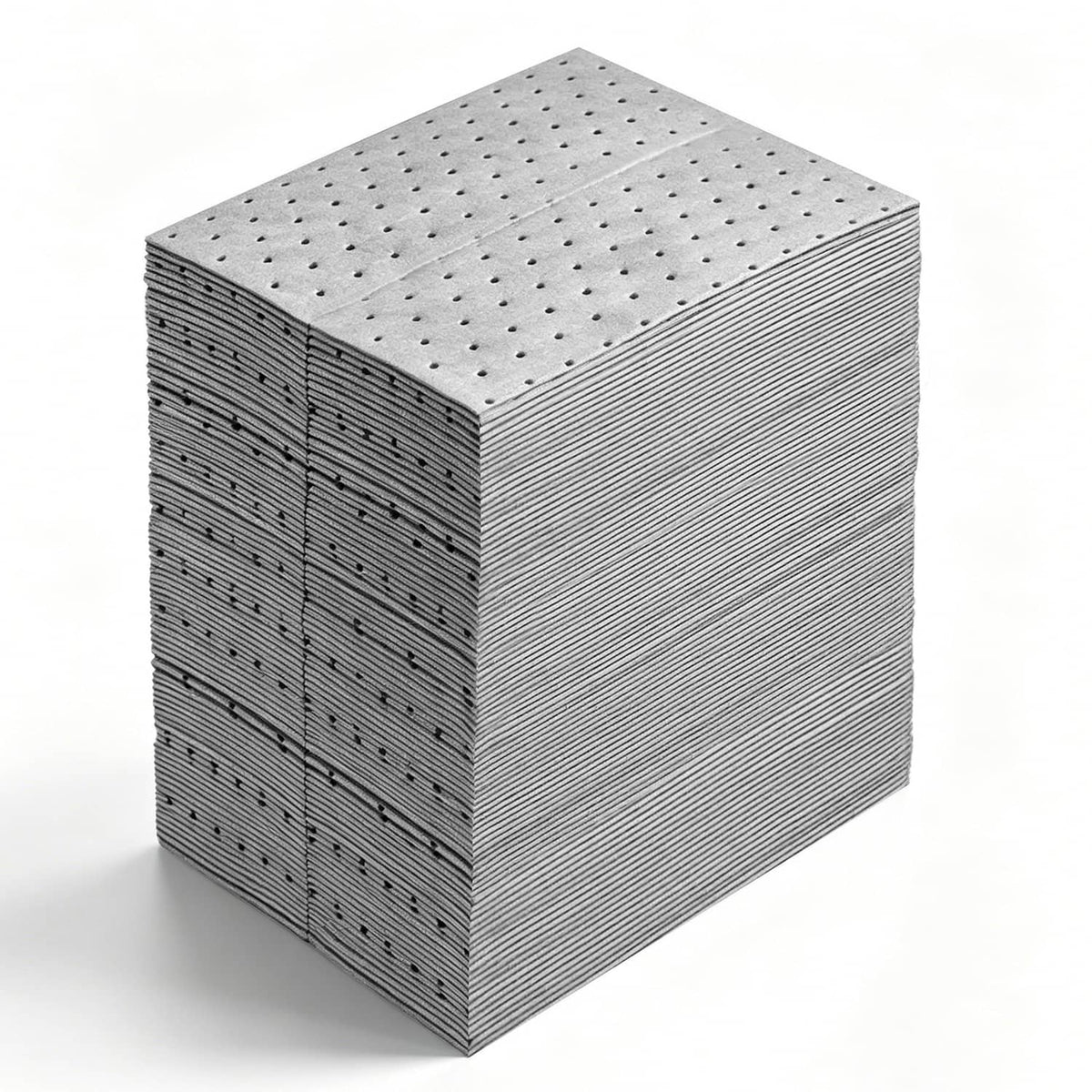 Crisp stack of gray absorbent pads with perforated dot pattern on top sheet