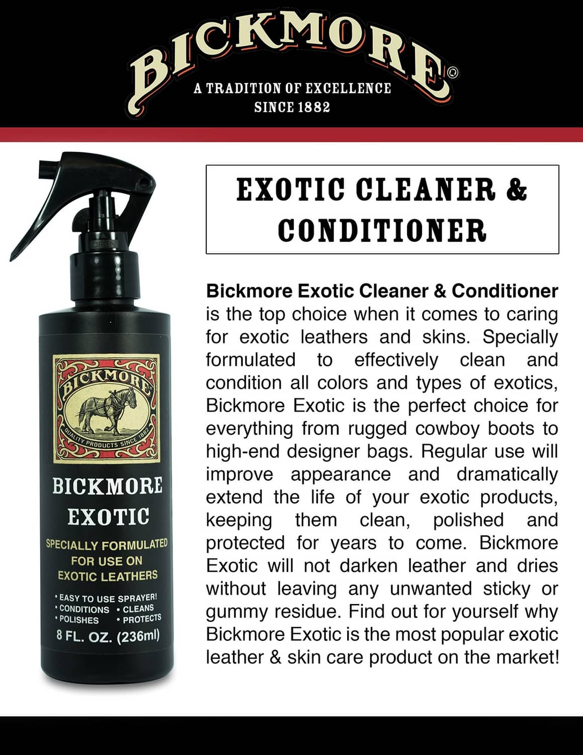 Leather spray cleaner bottle with "Exotic Cleaner & Conditioner" label