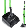 Dog pooper scooper with black rake tray and long green handle