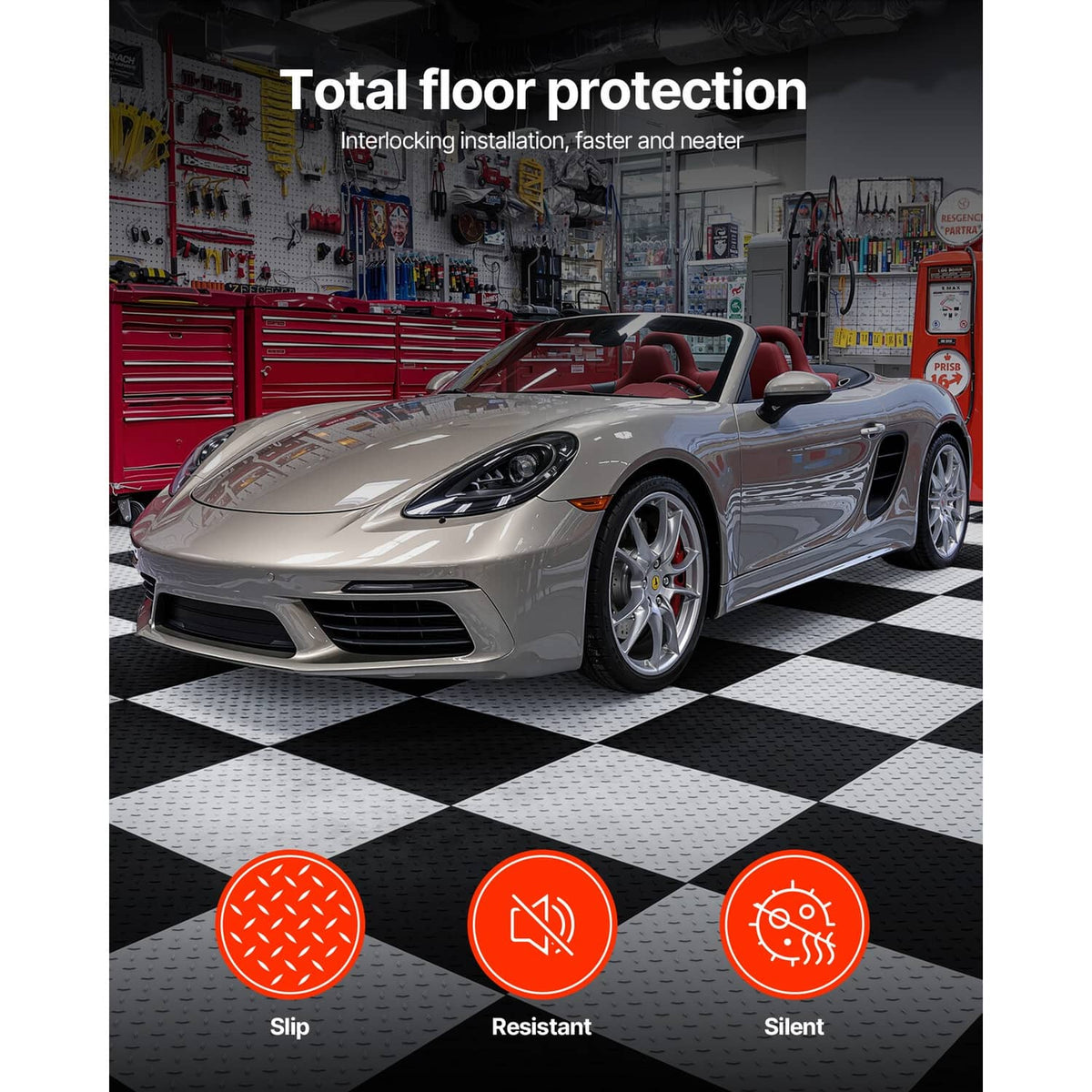 Interlocking garage floor tiles in a black-and-white checkered layout under a car