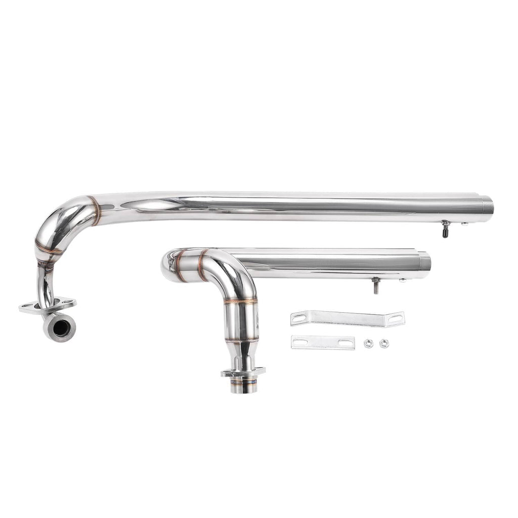 Staggered chrome exhaust system with mufflers, headers, and mounting brackets