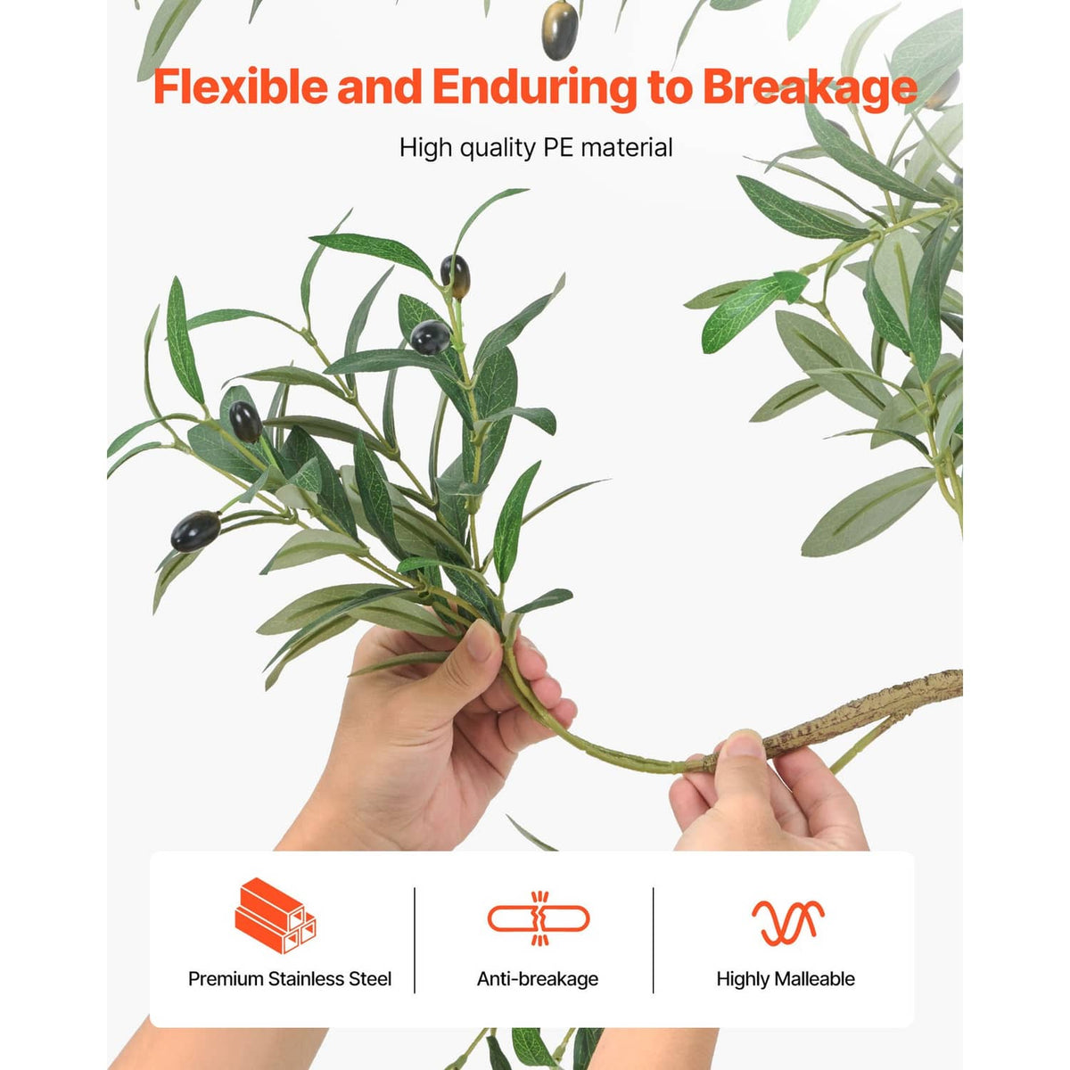 Artificial olive tree branch with green leaves on brown trunk, handheld