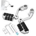 Chrome adjustable highway foot pegs with black non-slip rubber block pads and angled mounts