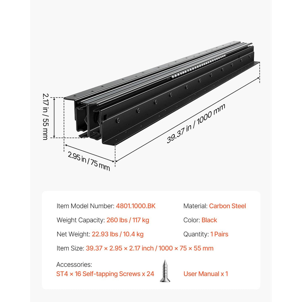 Black undermount drawer slide rails with overall dimensions shown in 3D