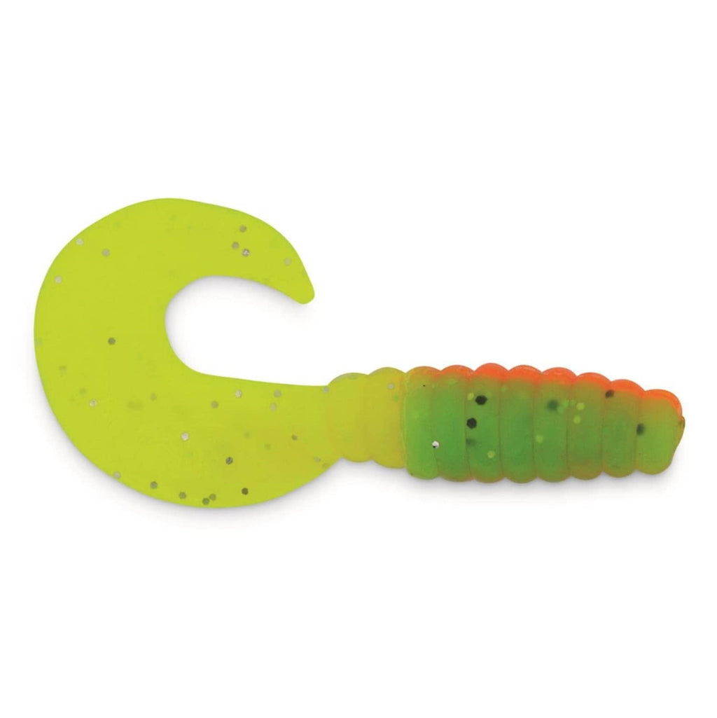 3-inch chartreuse and green soft plastic fishing grub with ribbed body and curled tail