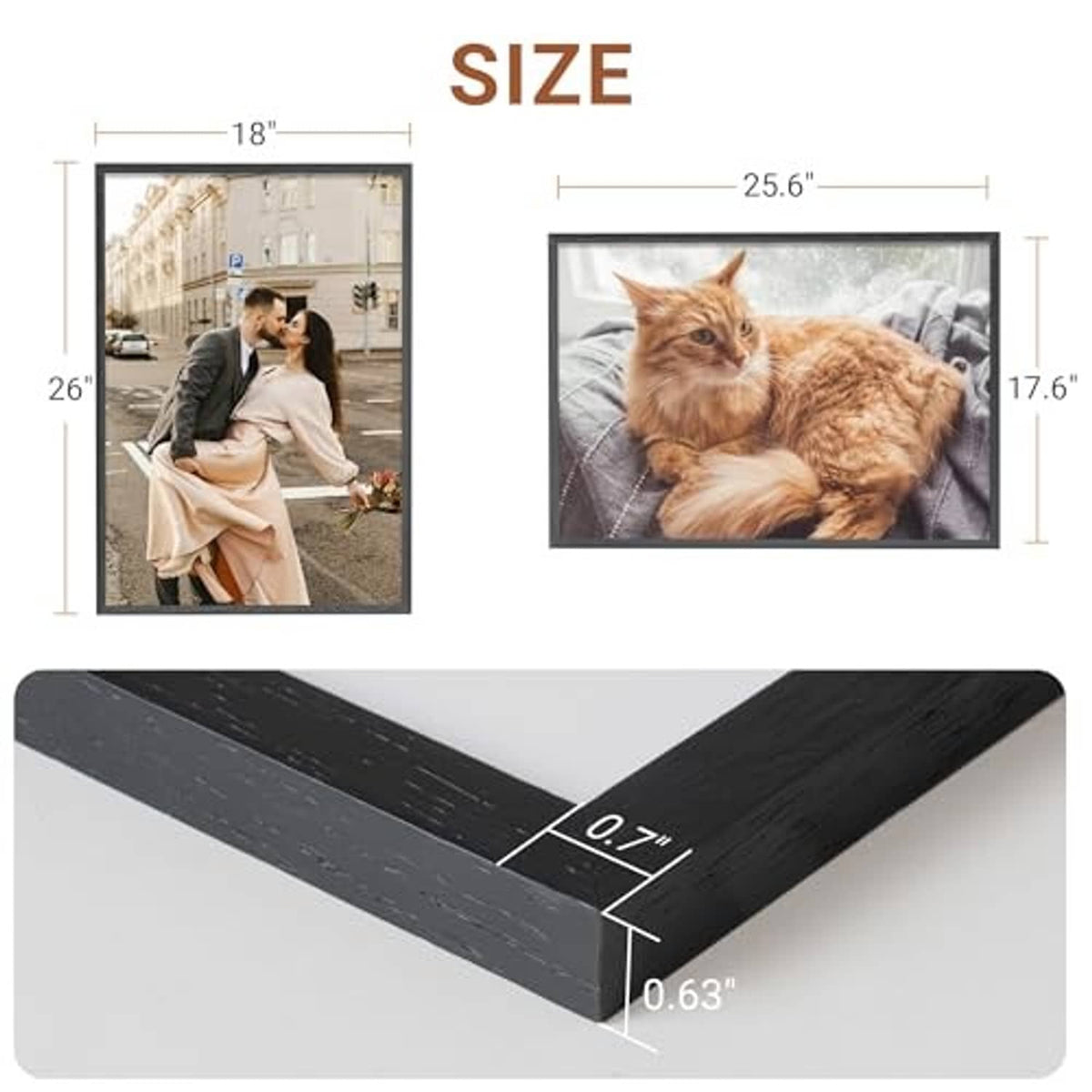 18x26 black wood picture frame with angled corner profile and thickness details