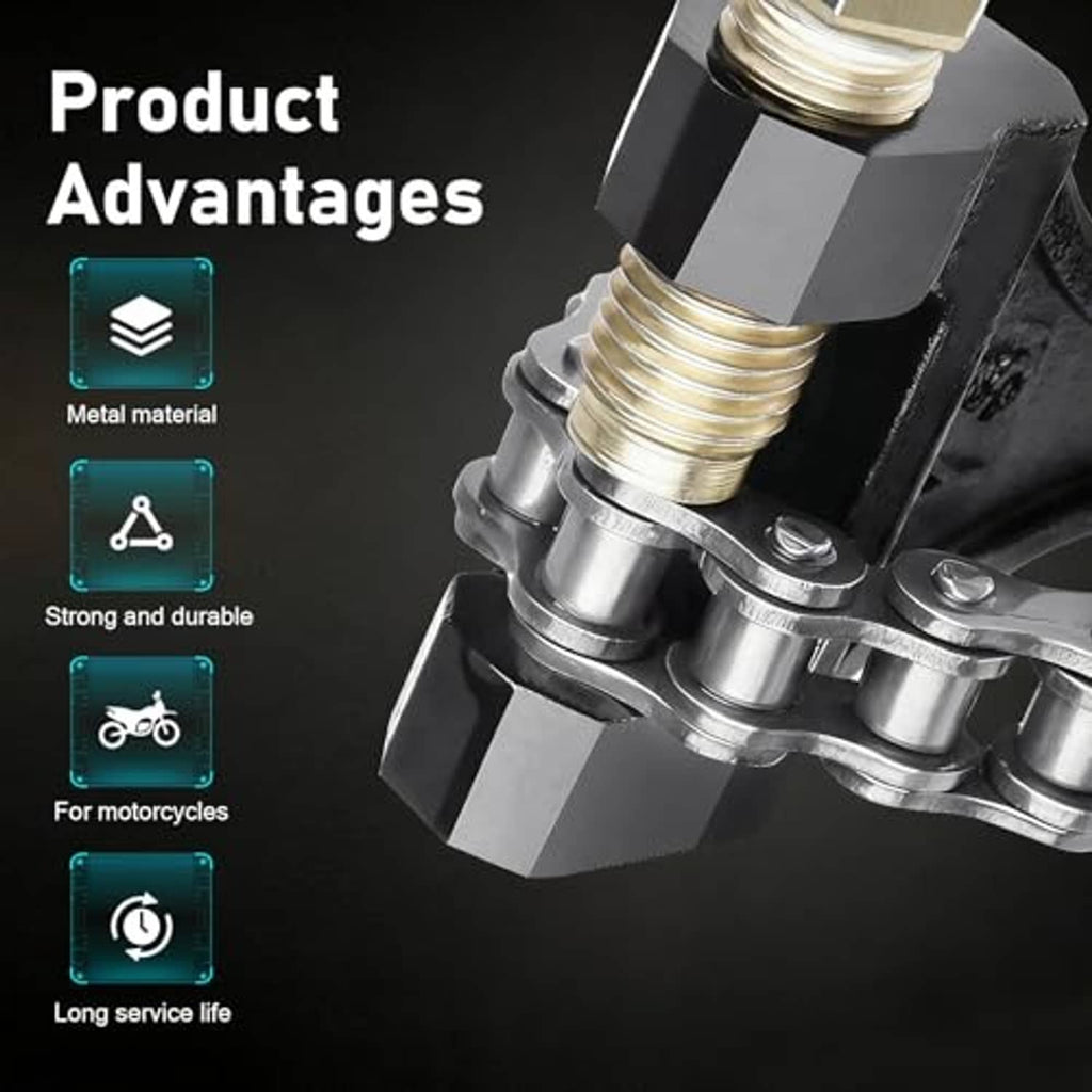 Chain breaker tool close-up with threaded drive column and metal bearings