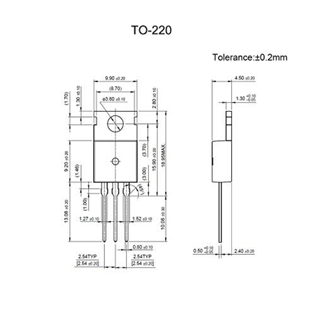 TO-220 package dimension drawing with tolerance callouts and pin measurements