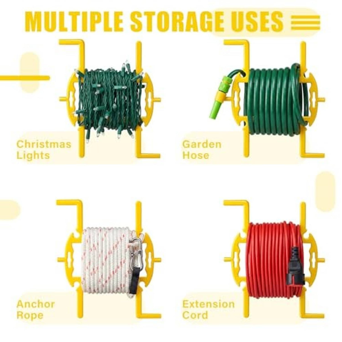 Anchor rope winder organizer with yellow frame and black strap, shown for multiple cord types.